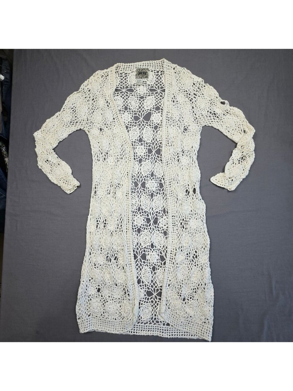 Vintage Curio L Open Front Crochet Duster Cardigan White Floral Boho Festival